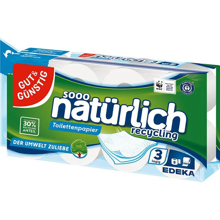 GUT & GÜNSTIG Sooo Natürlich Recycling Toilettenpapier 3-lagig 8 Rollen online kaufen | Cashback Gutschein REWE EDEKA METRO – Cleaning Help
